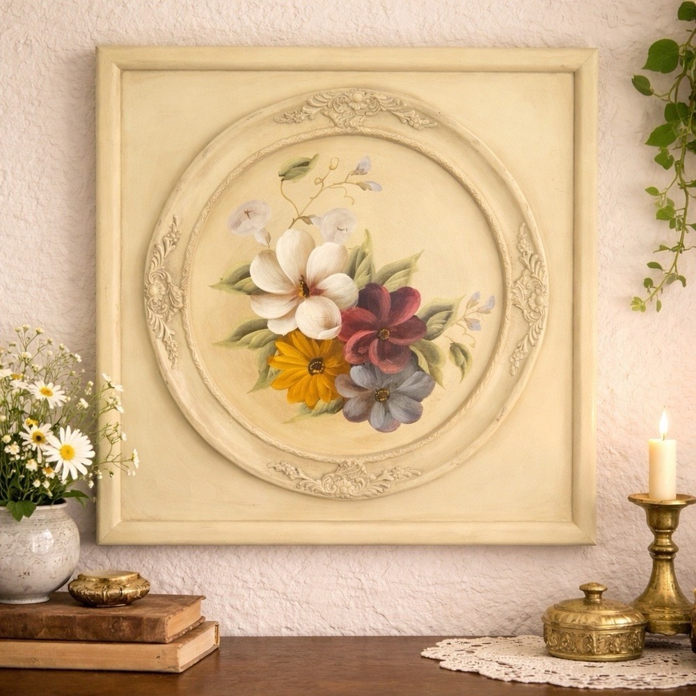 Vintage Hand-painted Floral Wall Art Plaque - Cottagecore Ornate Frame